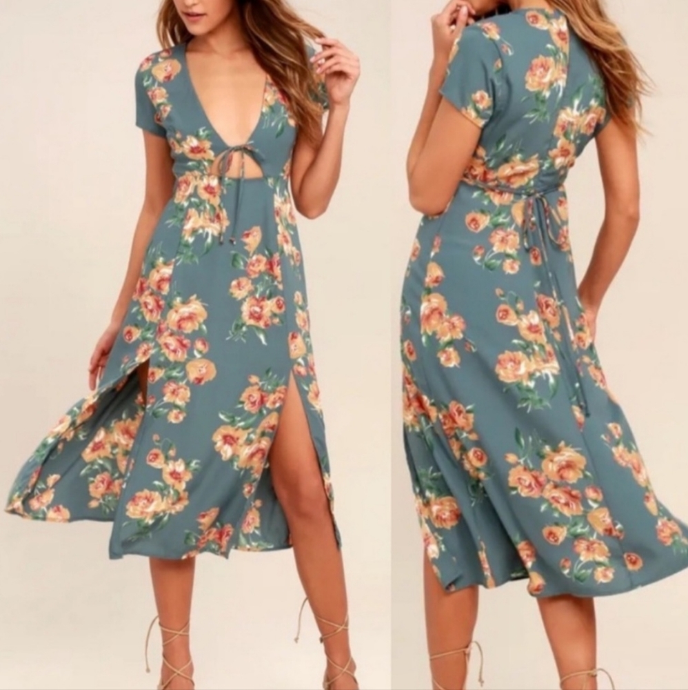 Lulu's Best Day of My Life Teal Floral Keyhole Short Sleeve Midi Dress SIZE M